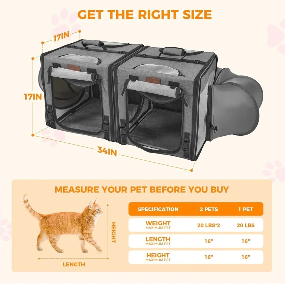 2-in-1 Double Collapsible Carrier for 2 Cats🐈Car w PlayTunnelsLitterBox&Hammock